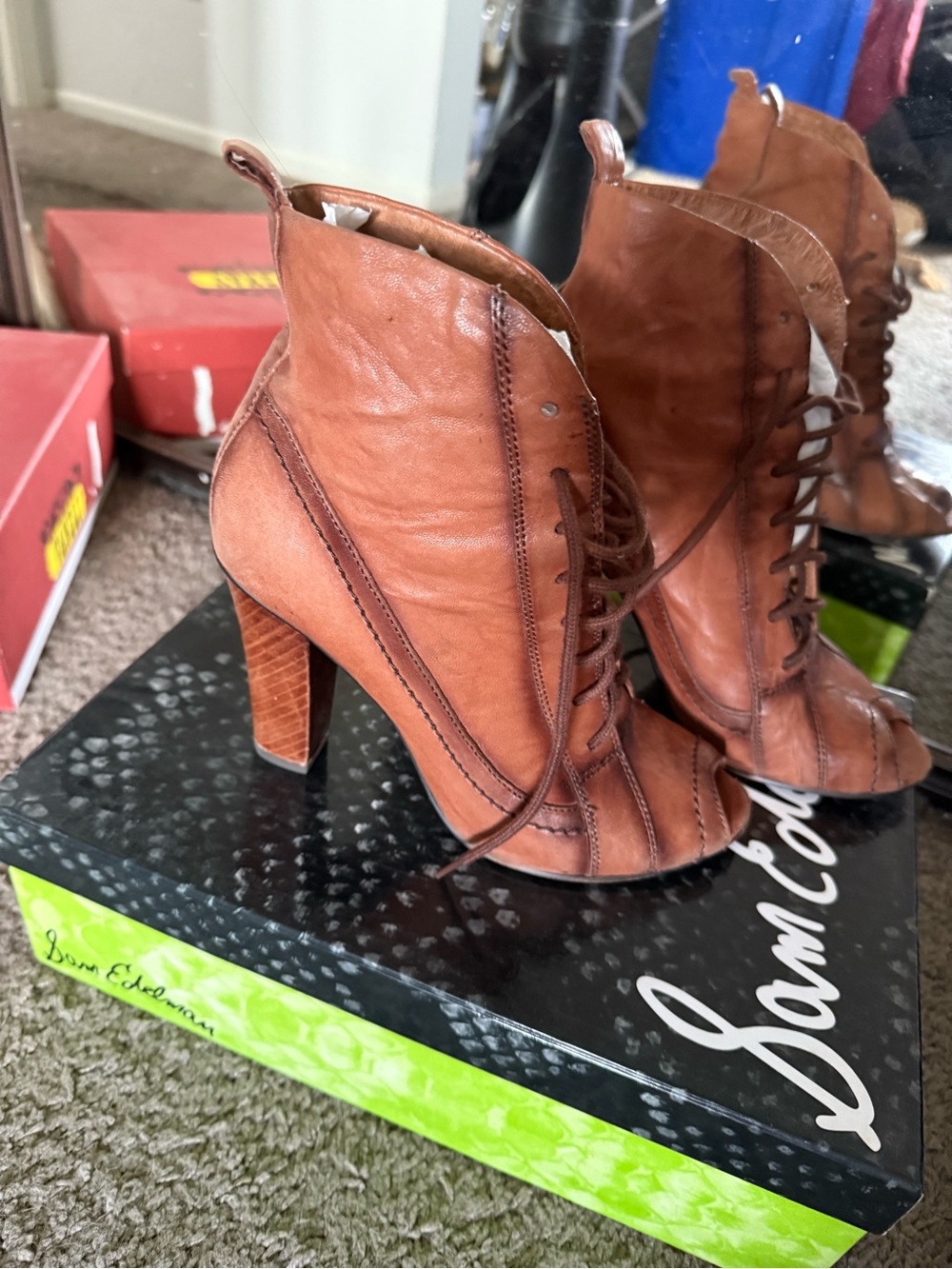 Sam Edelman Cognac Lace-Up Leather High Heel Ankle Boots